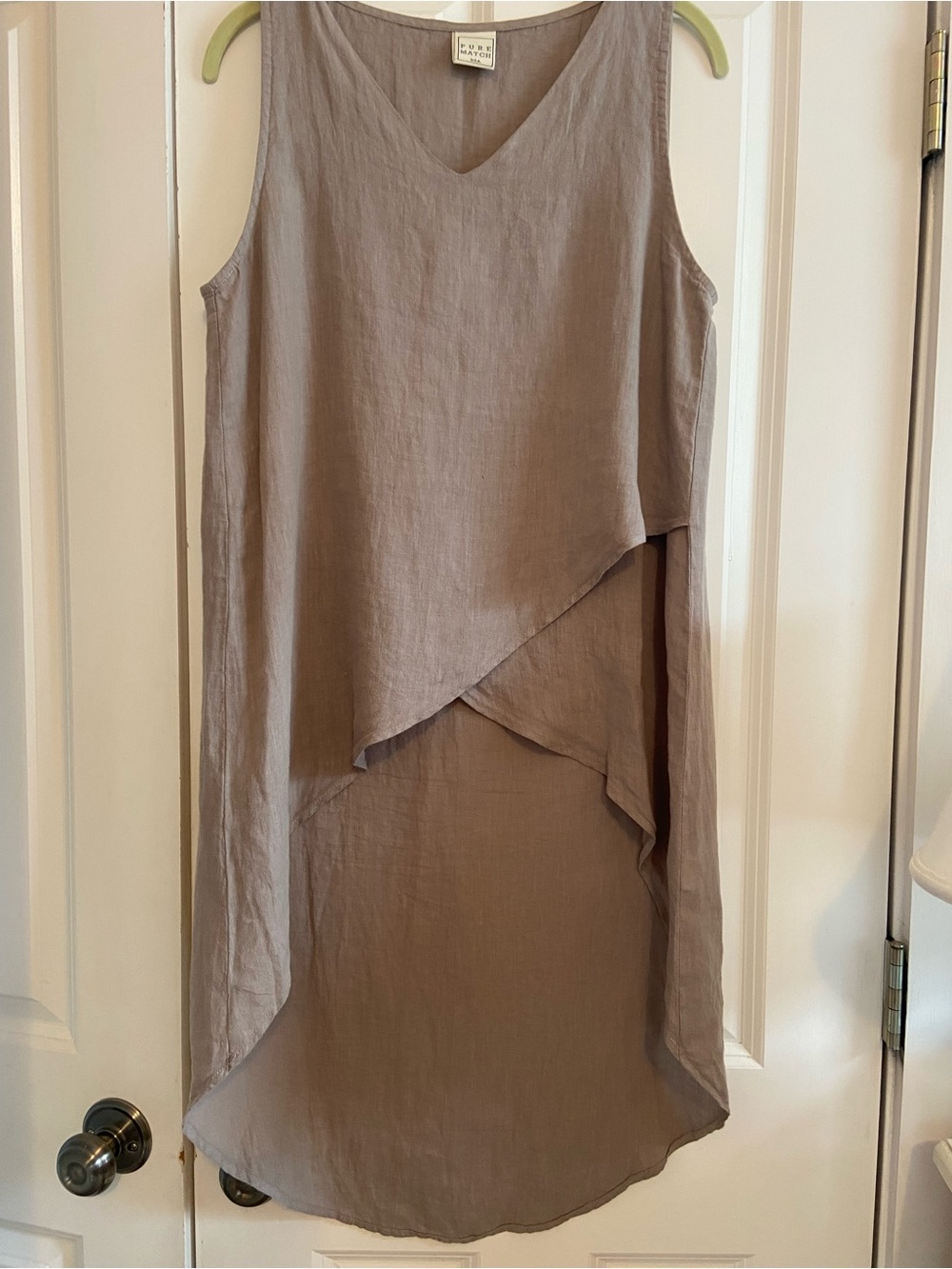 Linen Sleeveless Asymmetrical Layered Tunic Top - Taupe Gray. Pure Match